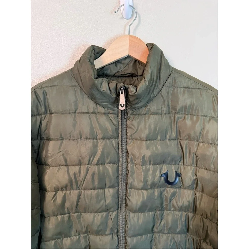 True Religion Men's Olive Green Puffer Jacket Logo Zip